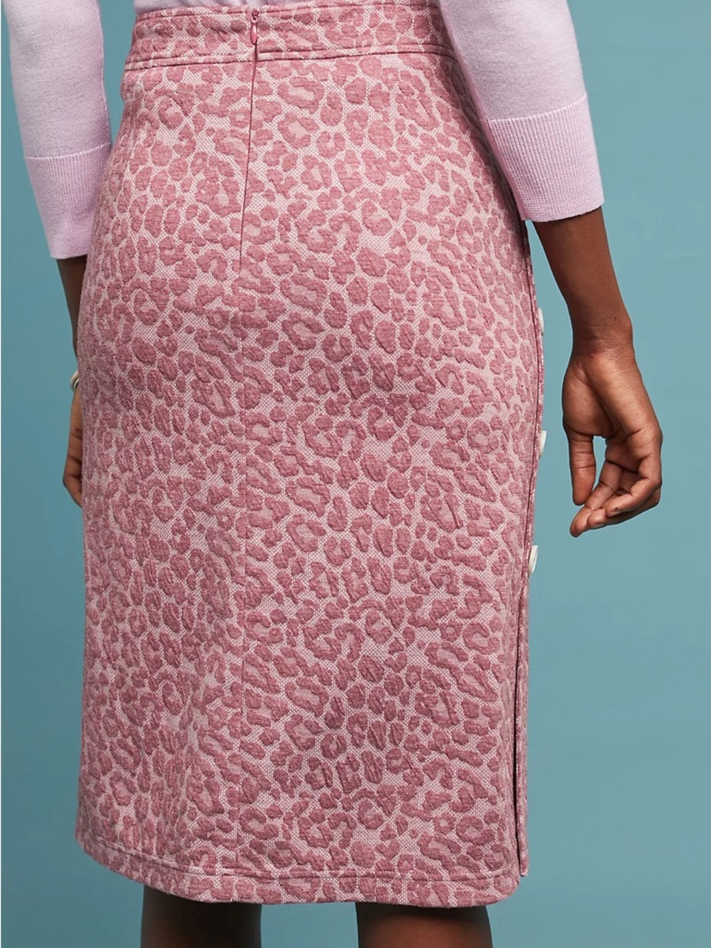 Current Air Buttoned Leopard Pencil Skirt Rose Pink Midi Side Buttons XS NWT - Picture 3 of 16
